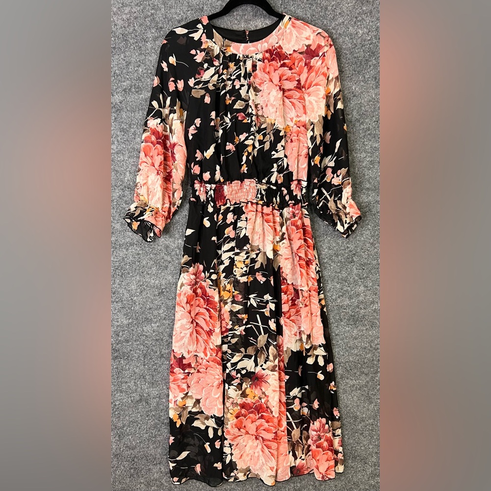 Enfocus Studio Black Floral Midi Dress with Coral and Cream Blooms